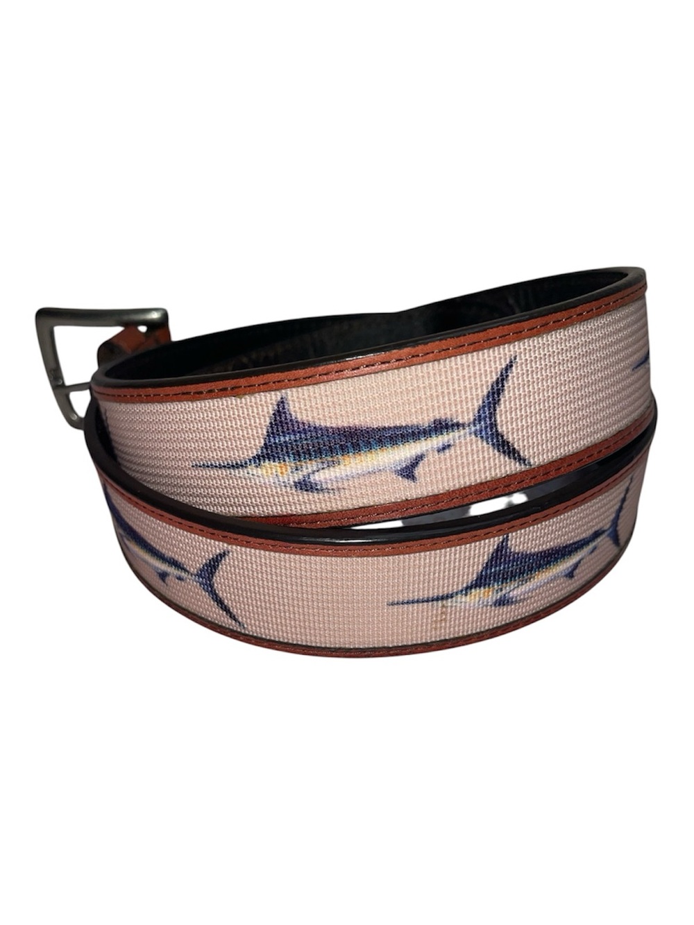Canvas Fish-Print Marlon Embroidered Leather  Belt in Cream and Blue
